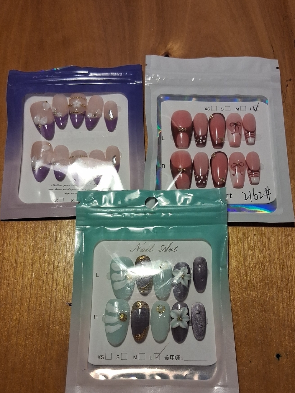 Press-On Nail Set Trio — Purple, Pink, Mint Floral Size Large
